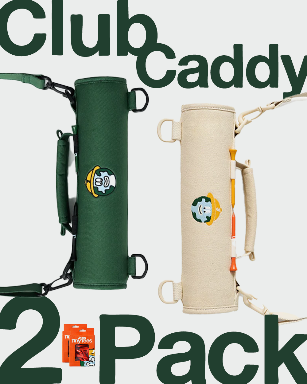 Club Caddy 2-Pack — Dark Green and Canvas Cream Club Caddies with Jain's Tiny Tees
